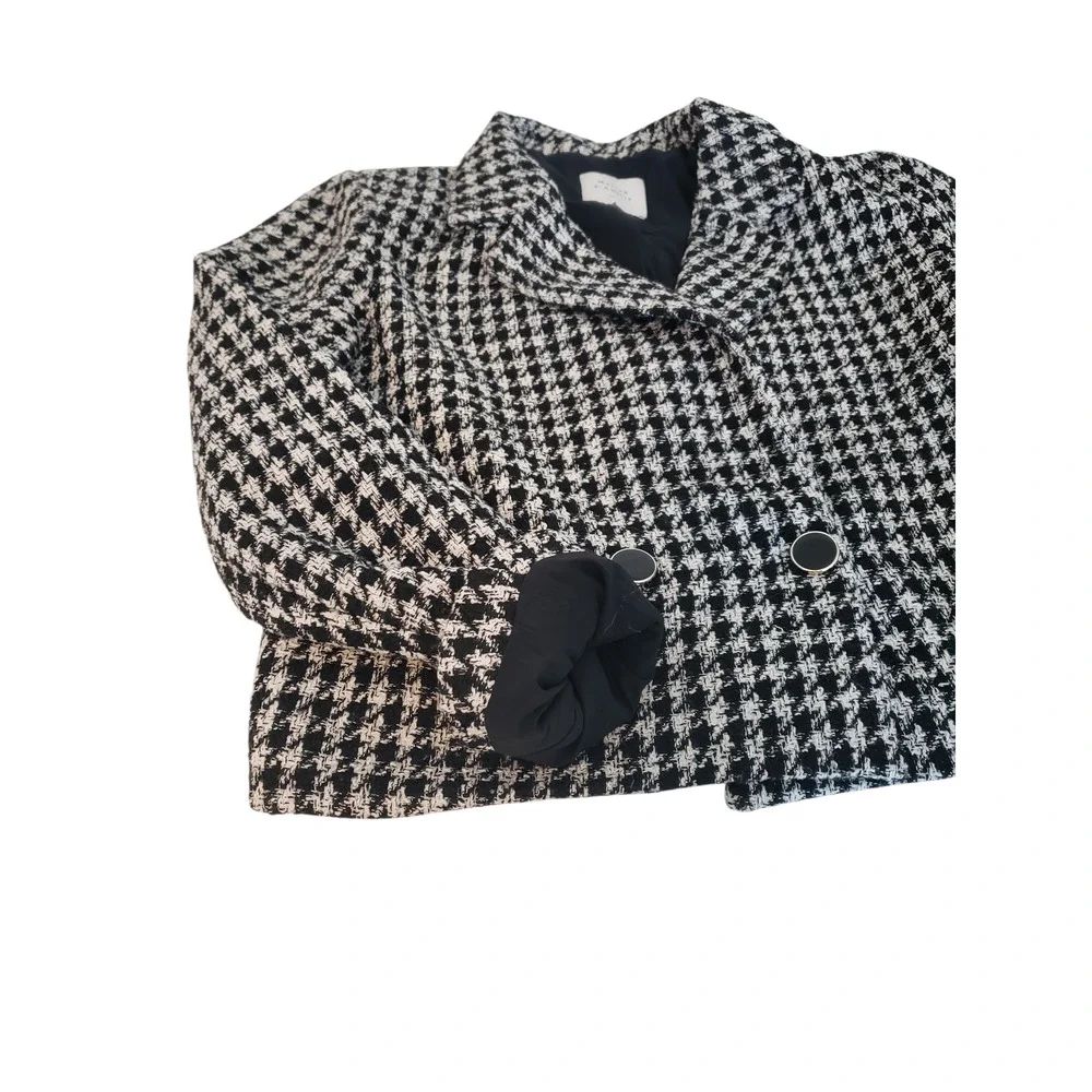 Vintage Blazer Suit Jacket Womens 12 Black White Houndstooth Cropped Tweed Paris - Picture 6 of 16